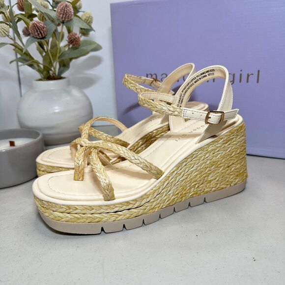 Madden Girl Vault Raffia Wedge Espadrille Sandals Cream Women's 8.5M Cushioned - Picture 4 of 13